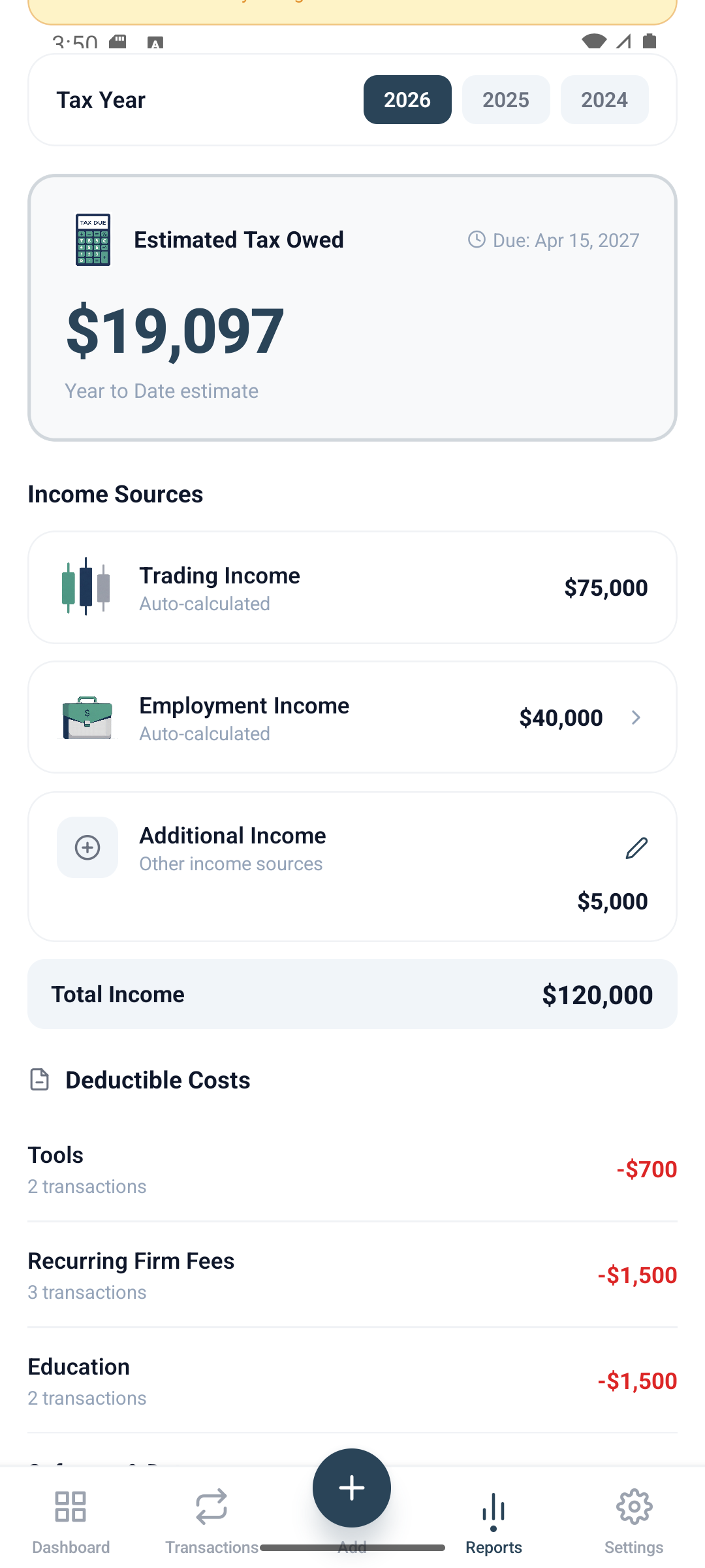 Proppy app screenshot showing tax estimates